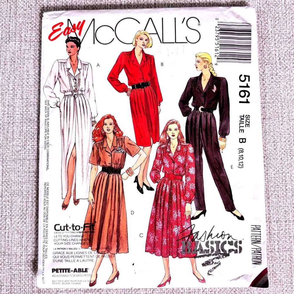 McCalls 5161 Soft Tailored Shirtdress Jumpsuit Sz 8-10-12 Quiet Luxury Feminine